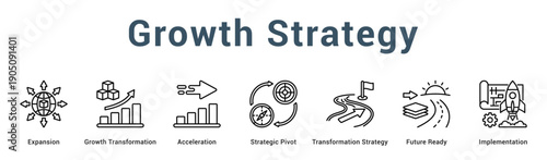 Growth Strategy  Modern and clean web banner illustration vector featuring thematic icons