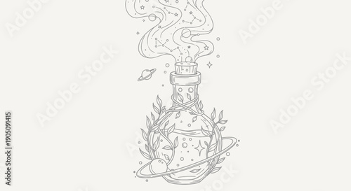 Mystical Potion Bottle with Stars, Planets, and Cosmic Smoke