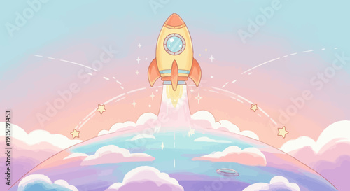 Cartoon Rocket Launching into Pastel Sky with Stars and Clouds