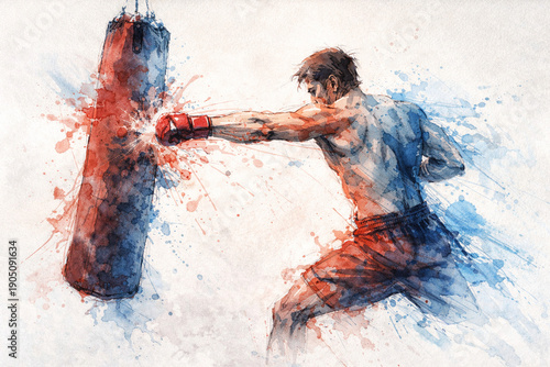 Watercolor Boxer Punching Heavy Bag Training
