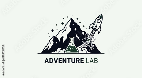 Rocket Launching from Mountain Peak with Flask and Stars, Adventure Lab Logo