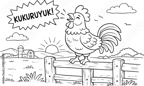 Rooster's morning call at sunrise