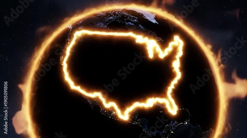 Glowing outline of USA on Earth, surrounded by a fiery halo in space