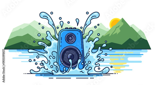 Blue Speaker Splashing Water Outdoors Mountain Landscape Sunset Illustration