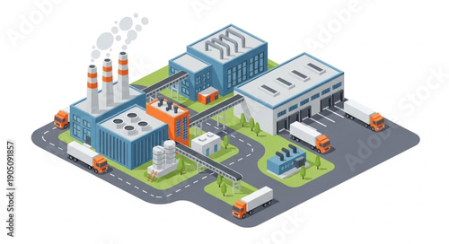 Isometric Industrial Complex with Factories and Logistics.