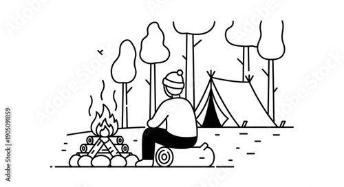 Person sitting by campfire in forest, enjoying outdoor camping adventure.