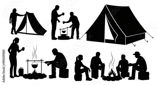 Camping Activity Silhouettes People Setting Up Tents Cooking Food.