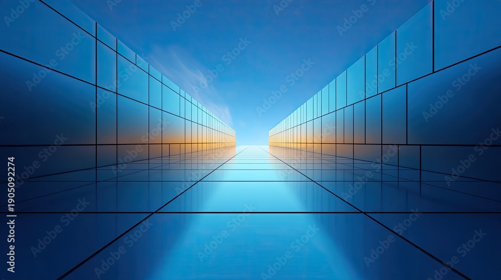 Obraz premium Futuristic Perspective of Endless Pathway Through Reflective Glass Structures Under Bright Blue Sky at Sunset