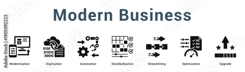 Modern Business  Modern and clean web banner illustration vector featuring thematic icons