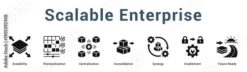 Scalable Enterprise  Modern and clean web banner illustration vector featuring thematic icons