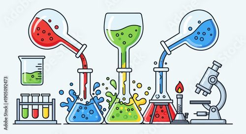 Chemistry Laboratory Experiment with Colorful Liquids and Scientific Equipment