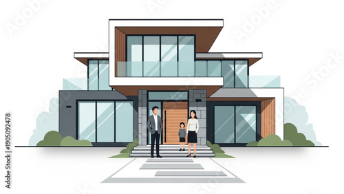 Illustration of a happy family standing outside their stylish modern home, embodying successful family life