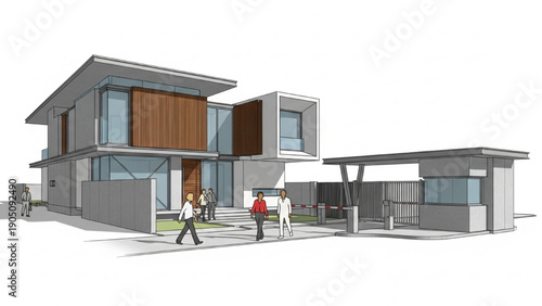 Sleek contemporary building design with security checkpoint in a conceptual sketch