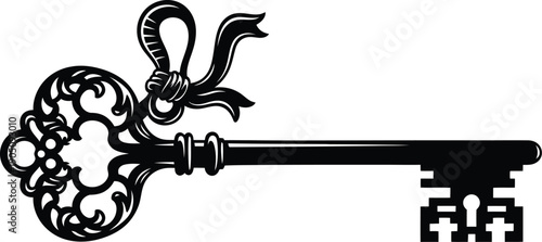 Vintage ornate skeleton key silhouette with a ribbon, classic antique door key vector illustration isolated.