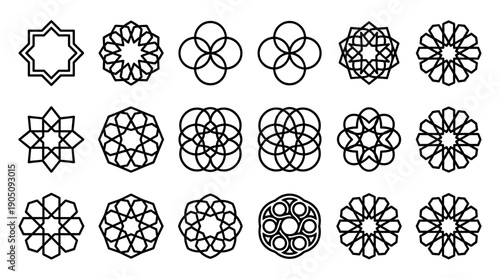 Set of 18 Islamic Geometric Pattern Line Icons in Minimalist Vector Style with Uniform Stroke Width, Featuring Traditional Arabesque Mandalas, Stars, and Sacred Geometry Shapes for Graphic Design