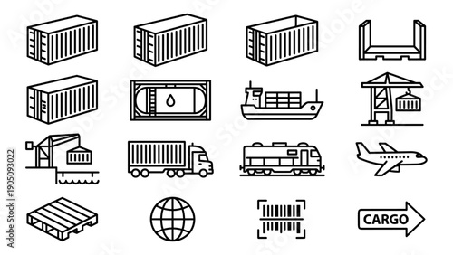 Minimalist vector line icons set for shipping, logistics, and cargo transportation. Features containers, ships, cranes, trucks, trains, planes, pallets, and global trade symbols in a clean layout.