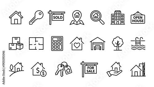 Set of 20 Real Estate and House Hunting Line Icons; Minimalist Vector Graphics for Property Sales, Mortgages, and Home Buying featuring House, Key, Sold Sign, Apartment, Floor Plan, and For Sale.