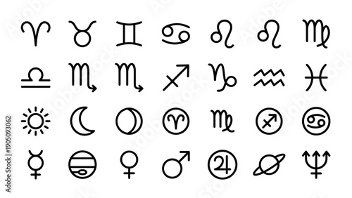 Comprehensive Collection of 28 Minimalist Astrology and Zodiac Sign Line Icons. Elegant Vector Symbols for Horoscope, Planets, Sun, Moon, and Constellations in a Clean Grid Layout for Design.