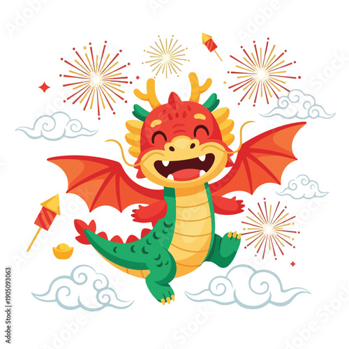 Joyful cartoon dragon celebrates with vibrant fireworks and auspicious gold ingot amidst fluffy clouds, perfect for festive holiday designs and Asian new year themes