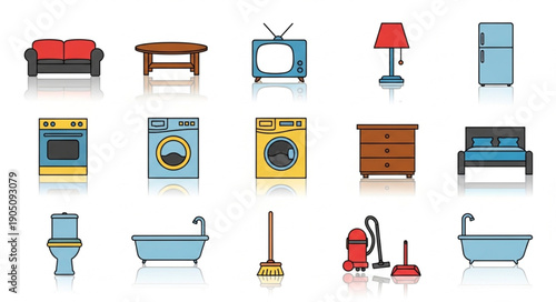 Collection of various household furniture and appliances in a flat design style.