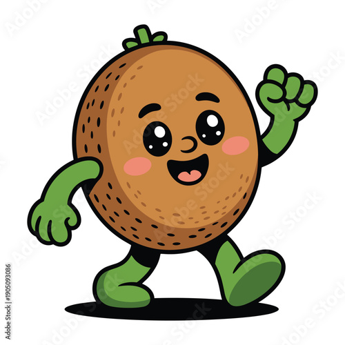 Cute cartoon coconut character happily running with green arms and legs