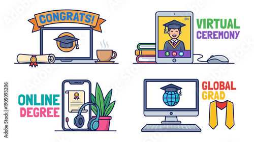 Set of four flat vector illustrations depicting online graduation concepts including virtual ceremony, digital degree, and global grad with laptop, tablet, smartphone, and desktop computer.