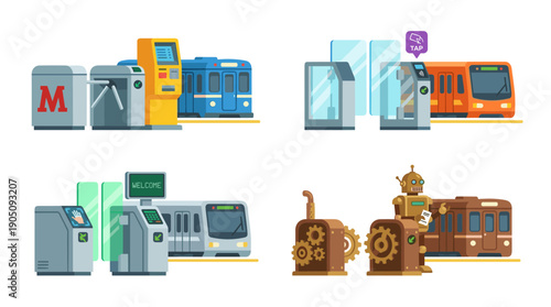 Flat vector set of four subway station gate scenes including traditional turnstiles, modern tap card readers, futuristic biometric scanners, and steampunk robot attendants with metro trains.