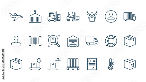 Minimalist Vector Set of Air Cargo and Logistics Line Icons Featuring Airplane, Shipping Container, Forklift, Delivery Drone, Truck, Barcode, Warehouse, Global Network, Box, Scale, and Pallet.