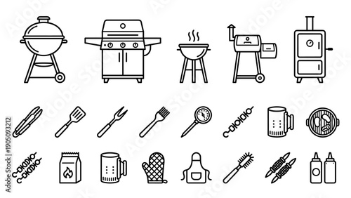 Comprehensive collection of BBQ and grilling equipment line icons featuring various grills, smokers, tools like tongs and spatulas, and accessories for outdoor cooking in a minimalist style.