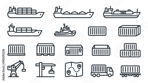 Minimalist Set of Freight Ship and Cargo Container Line Icons for Logistics and Maritime Transport Industry, Featuring Vessels, Port Cranes, Delivery Trucks, and Shipping Maps on White Background.