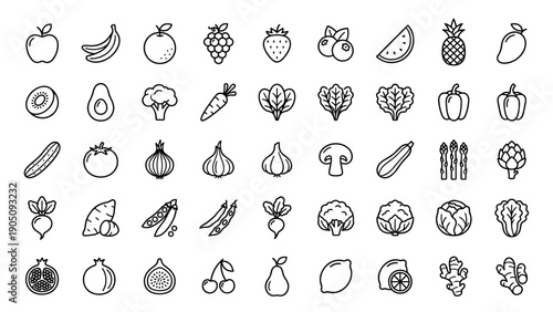 Vector Set of Healthy Fruits and Vegetables Line Icons in Minimalistic Style. Collection of 50 Unique Food Symbols Including Apple, Banana, Broccoli, Carrot, Garlic, and Berries on White Background.