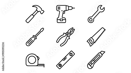 Set of Minimalist Hand Tool Line Icons Including Hammer, Power Drill, Wrench, Screwdriver, Pliers, Saw, Measuring Tape, Level, and Utility Knife for Construction, DIY, Maintenance, and Home Repair.