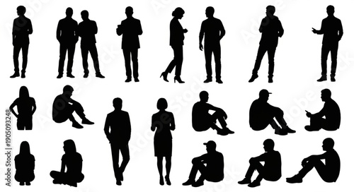 Diverse Group of People Silhouettes Standing and Sitting in Various Poses.