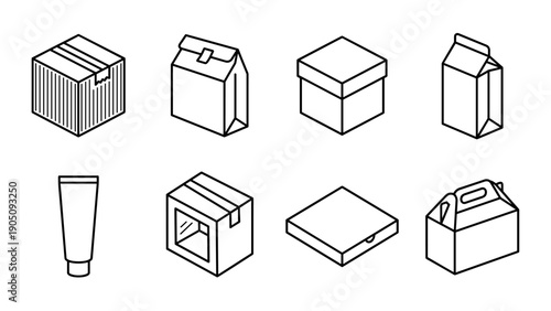 Minimalist Vector Line Icon Set of Product Packaging Featuring Isometric Cardboard Boxes, Paper Bags, Milk Cartons, Cosmetic Tubes, Pizza Boxes, and Takeout Containers for Branding and Retail.