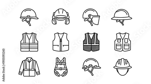 Vector Set of Personal Protective Equipment PPE Line Icons Featuring Safety Helmets, Hard Hats with Earmuffs, High-Visibility Reflective Vests, Work Jackets, and Fall Protection Safety Harnesses.