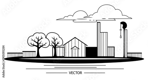 Simple Hand Drawn Cityscape Outline Illustration with Buildings and Trees.