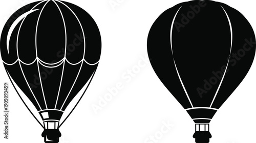 Two hot air balloon silhouettes with line art details, minimalist black flight transportation vector isolated.