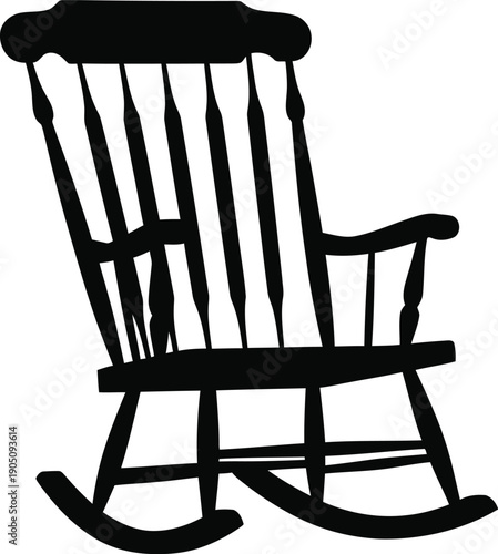 Classic wooden rocking chair silhouette, minimalist black furniture icon vector illustration isolated on white background.