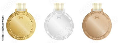 Gold Silver Bronze Medal Set with Crown and Laurel Vector
