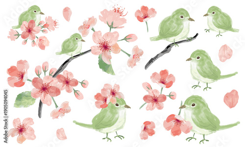 桜と鴬の水彩素材セット