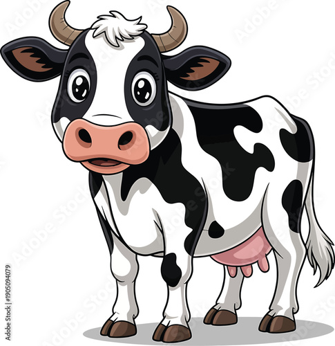 Cartoon black and white cow with pink nose and udder standing on white background Keywords: cow, cartoon, animal, farm, livestock, mammal, bovine