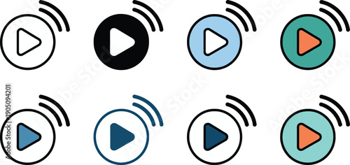 Collection of eight different colored play button icons with broadcast signal waves vector illustration