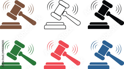 Collection of Gavel Icons in Various Colors and Styles for Legal and Auction Concepts judge hammer