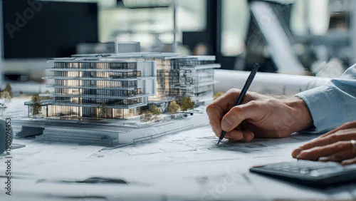 Fototapeta na wymiar Architectural model and hand drawing on blueprint in office setting with modern building design