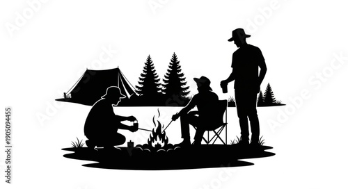 Three friends camping outdoors around a campfire enjoying nature and conversation.