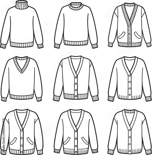 Nine Different Styles of Sweaters and Cardigans in Outline Drawing vector