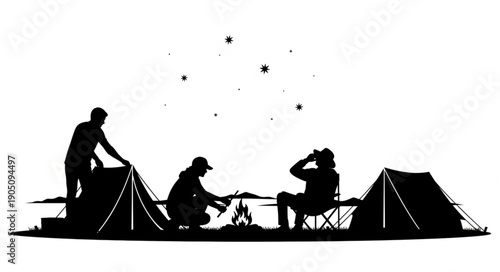 Silhouettes of people camping outdoors with tents and campfire under starry night sky.
