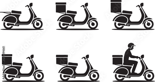 Set of black silhouette icons of delivery scooters with cargo boxes moped motorbike