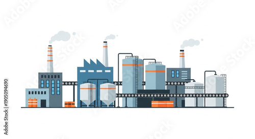 Industrial factory complex with smoking chimneys and storage tanks producing goods.