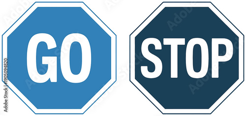 Two Octagonal Signs, One Blue Labeled " GO" and One Dark Blue Labeled " STOP stop symbol